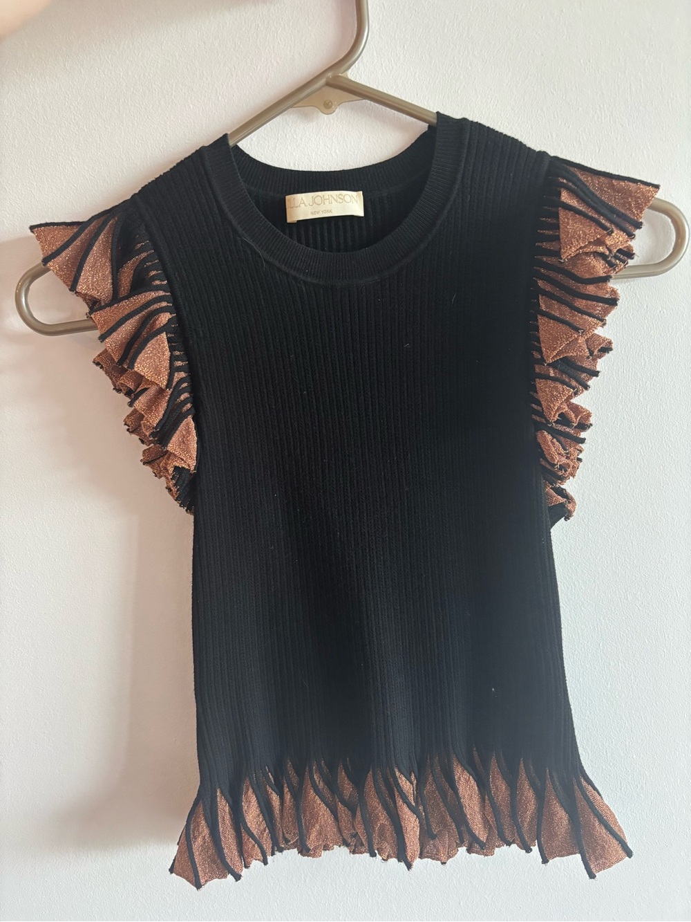 ULLAH S Black Knit Ruffle peplum Sleeve Top with Bronze Trim